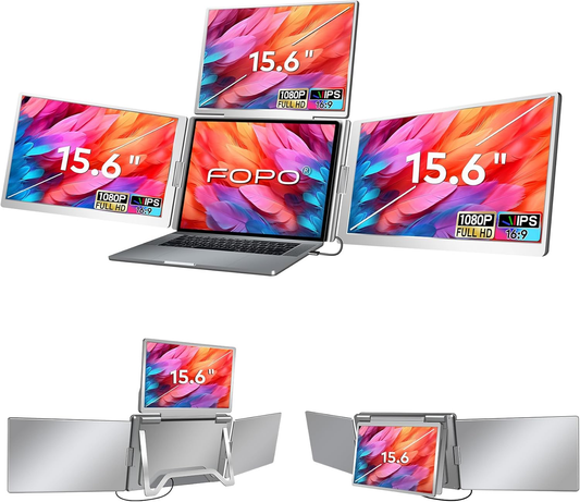 FOPO 15.6” Triple Laptop Screen Extender – Portable Dual Monitors, 1080P FHD IPS, Plug & Play for Mac & Windows